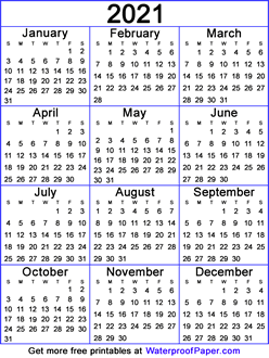 2021 one page calendar