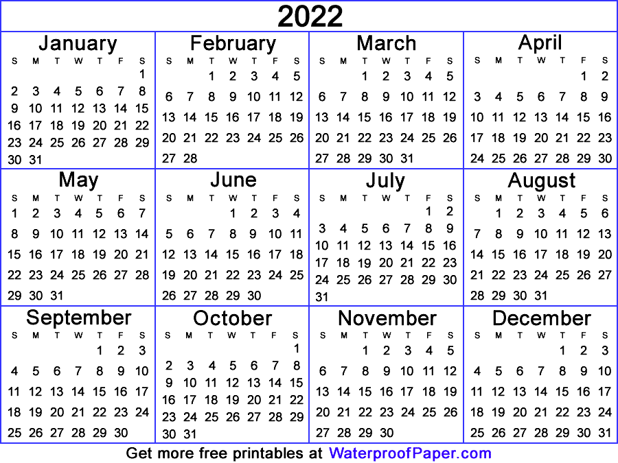 One Page Calendar Free Printable for 2022, 2023