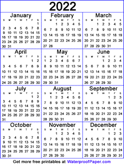 2022 one page calendar