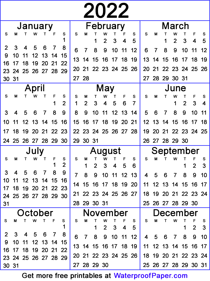 2022 Calendar On One Page Printable.One Page Calendar Free Printable For 2022