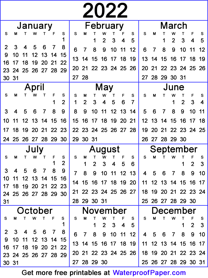 One Page Calendar  Free Printable for 2022 2022 