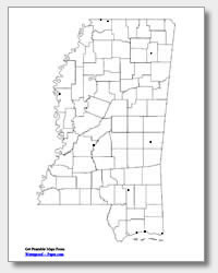 printable Mississippi major cities map unlabeled